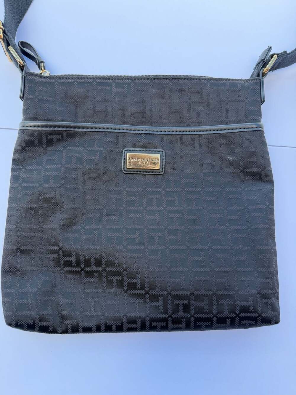 Tommy Hilfiger Monogram Crossbody Bag Black Fabric with Gold Tone Logo Plaque